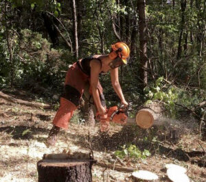 Zoe Freeman with chainsaw